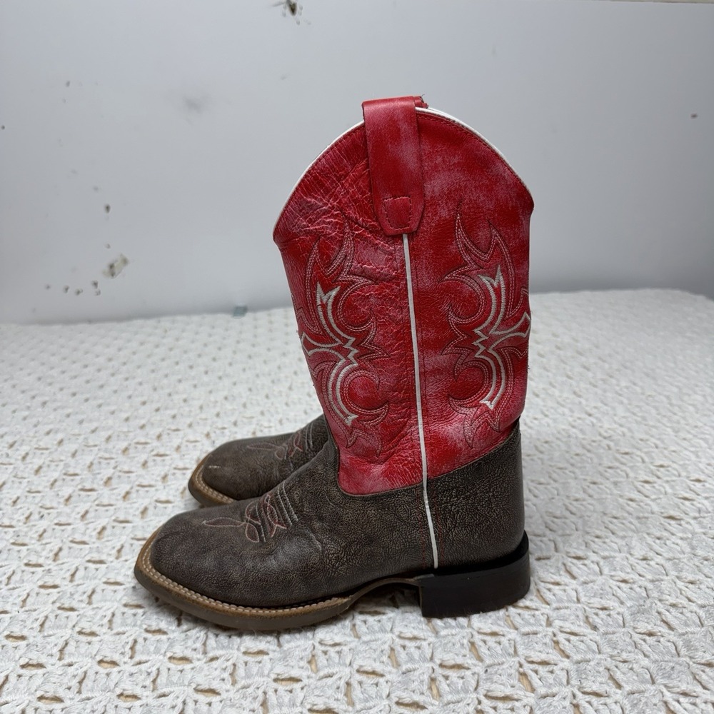 Old West Red Leather Broad Square Toe Boot Kids Boys Size 4 D Red Brown BSY1913 - Picture 10 of 11